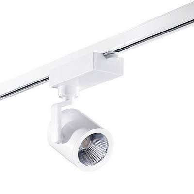 Biely stropný reflektor v minimalistickom dizajne, namontovaný na koľajnici, so zameraním na moderné svetelné riešenia.