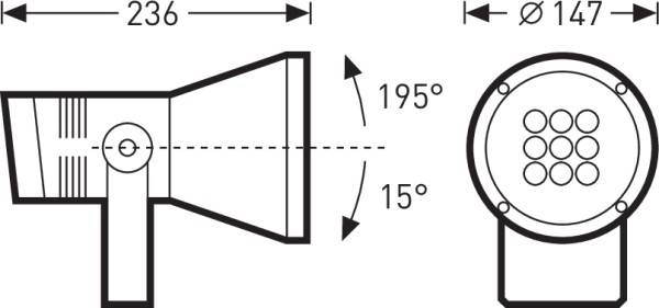 Technický diagram svetlometu zobrazuje pohľad z boku a spredu. Rozmery: dĺžka 236 mm, priemer 147 mm, uhol sklonu 15° a 195°.