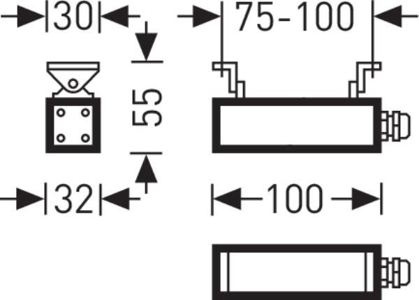 'Technický výkres elektrického zariadenia s rozmermi: výška 55 mm, šírka 100 mm, hĺbka 30 mm. Vzdialenosť držiakov 75-100 mm.'