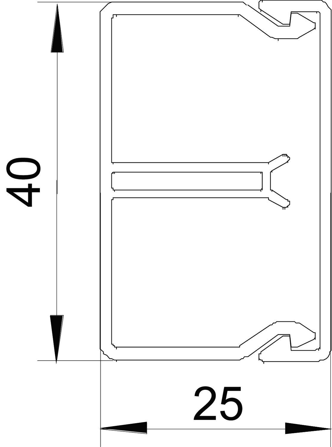 Technický výkres profilu: obdĺžnikový tvar s rozmermi 40 mm výška a 25 mm šírka, s viacerými vnútornými výrezmi.