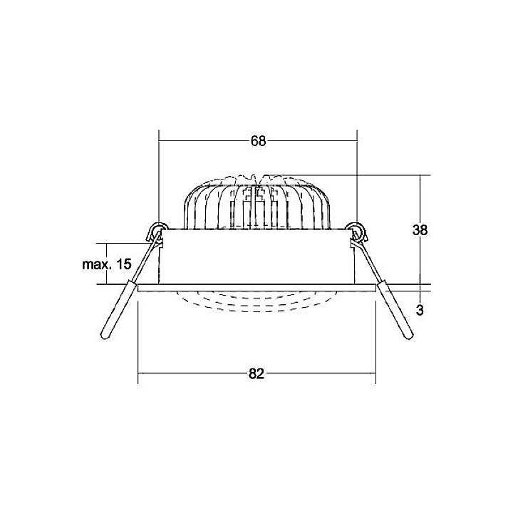 Technický výkres vstavaného svietidla s rozmermi: priemer 82 mm, výška 38 mm, hĺbka max. 15 mm, šírka 68 mm.