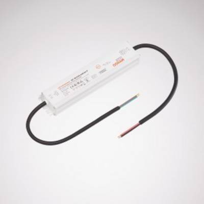 Obdĺžnikový, biely LED driver s káblami na oboch stranách. Popisy, logá a technické špecifikácie sú vytlačené.