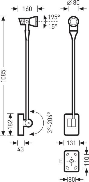 Náčrt mechanického zariadenia so zalomenými rozmermi, uhlami a popiskami. Znázornenie upevnenia a kĺbových bodov.