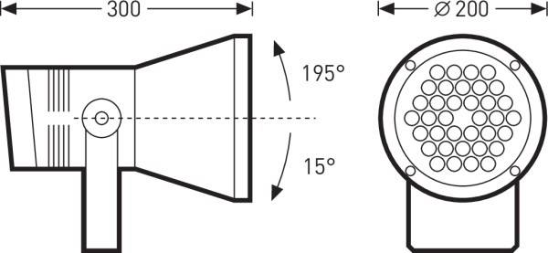 Výkres reproduktora s dvoma pohľadmi. Vľavo: bočný pohľad s rozmermi 300 mm dĺžky, uhol sklonu 15-195 stupňov. Vpravo: čelný pohľad, priemer 200 mm.