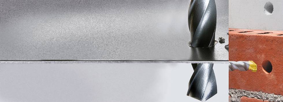 Kovové vrtáky a murárske vrtáky prenikajú do kovových a tehlových povrchov, symbolizujú silu a všestrannosť vrtákov.