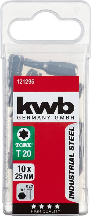 'kwb Nemecko GmbH', balenie s Torx T20 skrutkovacími bitmi, 10 kusov, dĺžka 25 mm. Značka: 'INDUSTRIAL STEEL', vysokokvalitné.