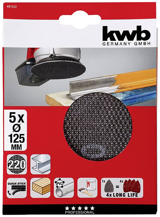 Balenie brúsnych kotúčov značky kwb, 5 kusov, priemer 125 mm, Vyobrazené: Produkt v akcii na dreve, zrnitosť 220.