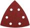 Červený trojuholníkový brúsny papier so šiestimi okrúhlymi otvormi, určený na použitie s multibúsičkou.
