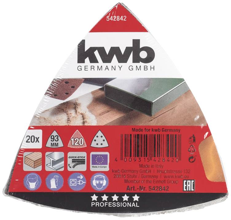 Obal brúsneho papiera značky 'kwb Germany GmbH'. Zrnitosť 120, trojuholníkový tvar, 93 mm, 20 kusov, vyrobené v Nemecku.