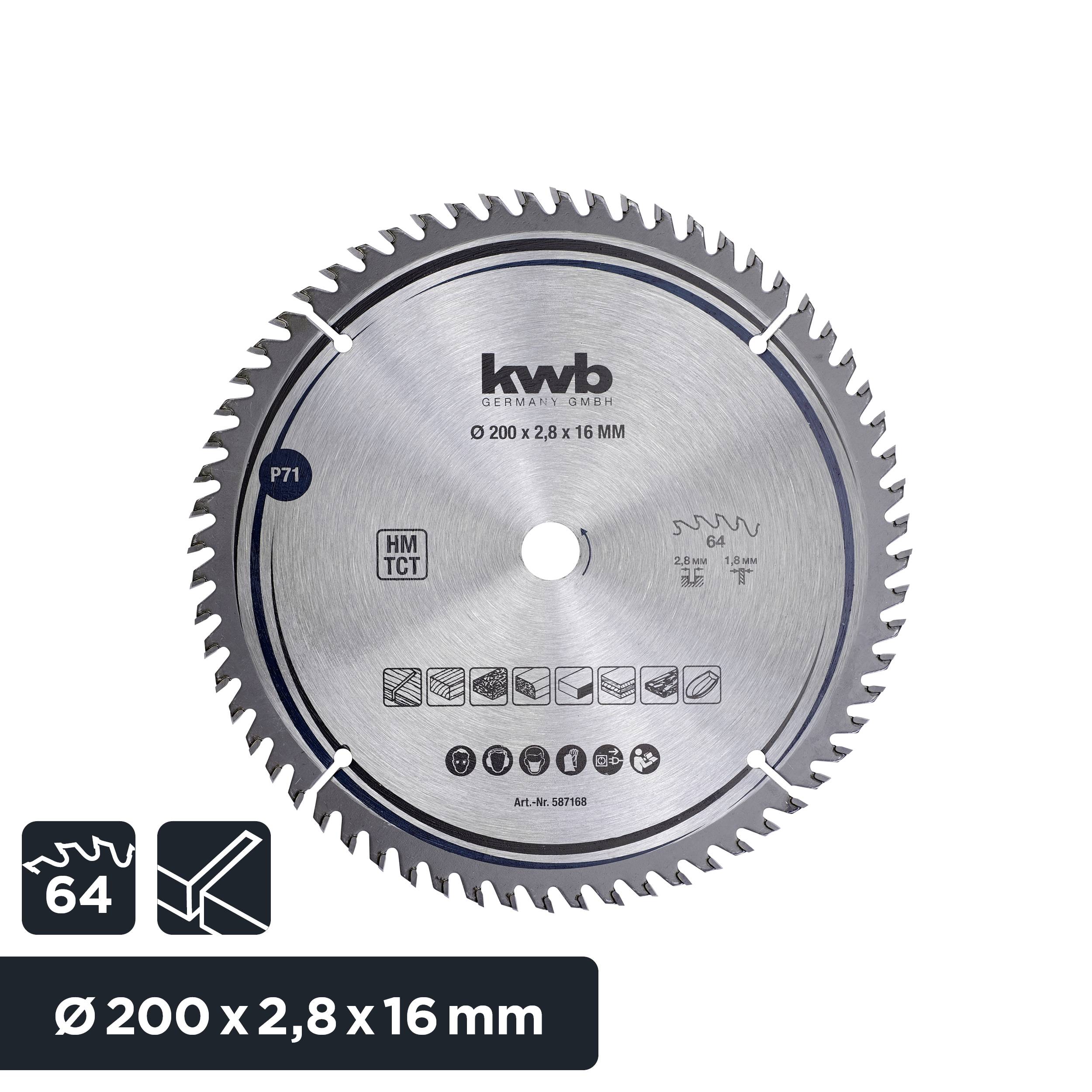 Pílový kotúč s priemerom 200 mm, šírkou rezu 2,8 mm, vŕtaním 16 mm. Vhodný pre drevo, plast, hliník.