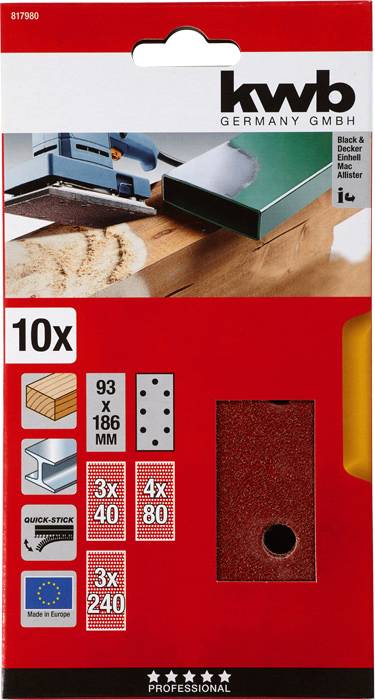 Balenie brúsnych papierov vhodných na drevo a kov. Obsahuje 10 listov v rôznych zrnitostiach. Značka: kwb.