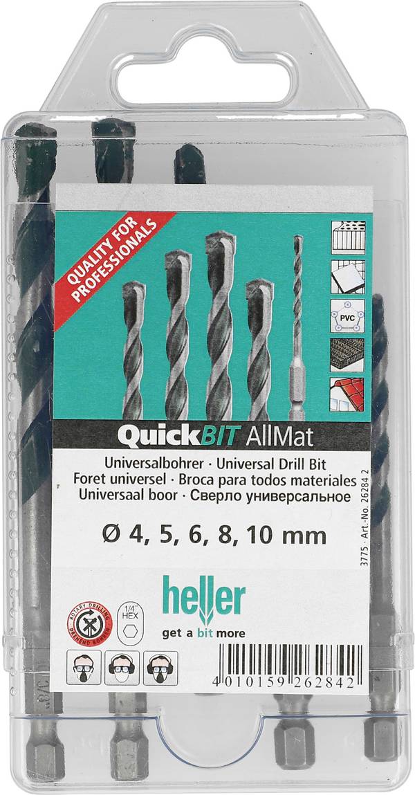 Heller 26284 univerzálny sortiment vrtákov, 4 mm, 5 mm, 6 mm, 8 mm, 10 mm, šesťhranný záhlbník, 5-dielna