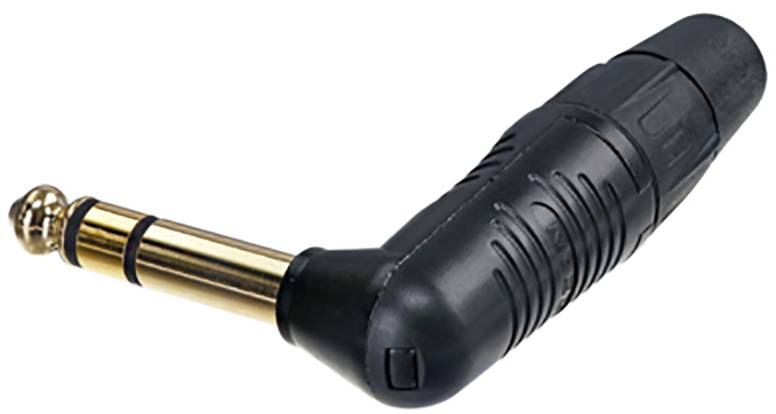 L-tvarový 6,35 mm audio jack adaptér s čiernym ryhovaným krytom a pozláteným kontaktom.