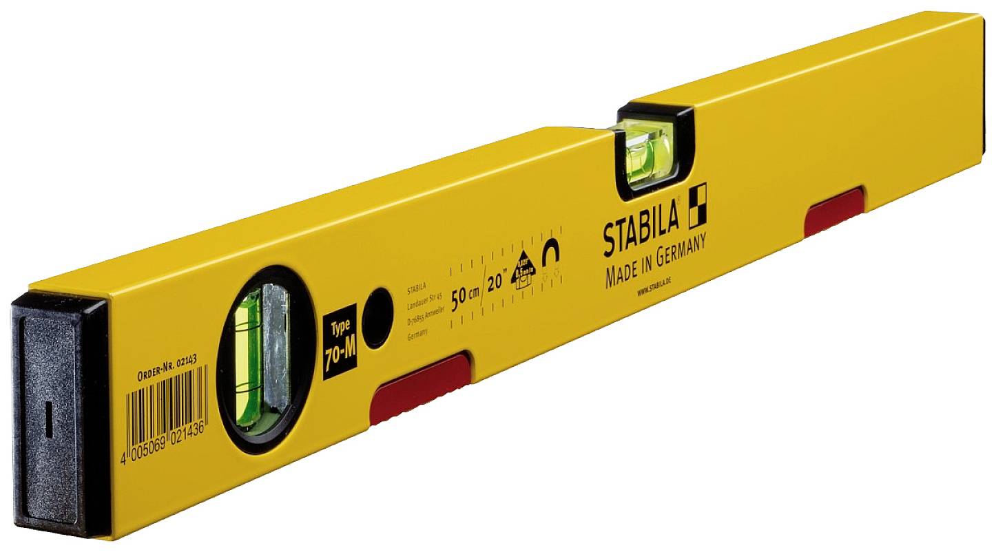 Žltá vodováha značky Stabila, 'Made in Germany', s dvoma libelami a dĺžkou 70 cm.