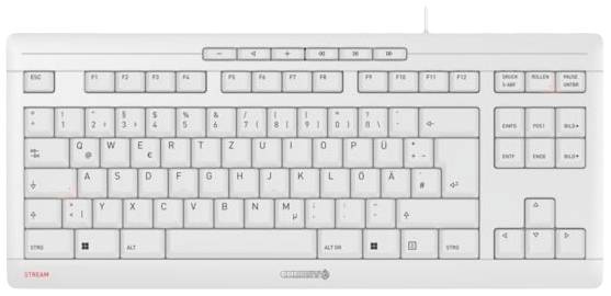 Biela počítačová klávesnica s kompletným QWERTZ rozložením, vrátane numerickej klávesnice a špeciálnych klávesov, v plochom dizajne.