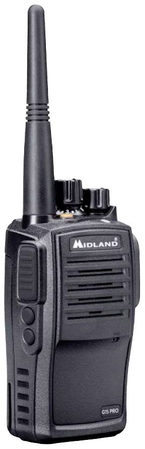 Ručná rádiostanica s čiernym krytom, tlačidlami a anténou. Na prednej strane je nápis 'Midland'.