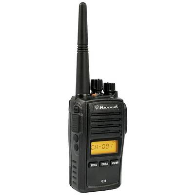 Čierna ručná vysielačka modelu 'Midland G18' s digitálnym displejom a anténou zobrazuje 'CH-001' na obrazovke.