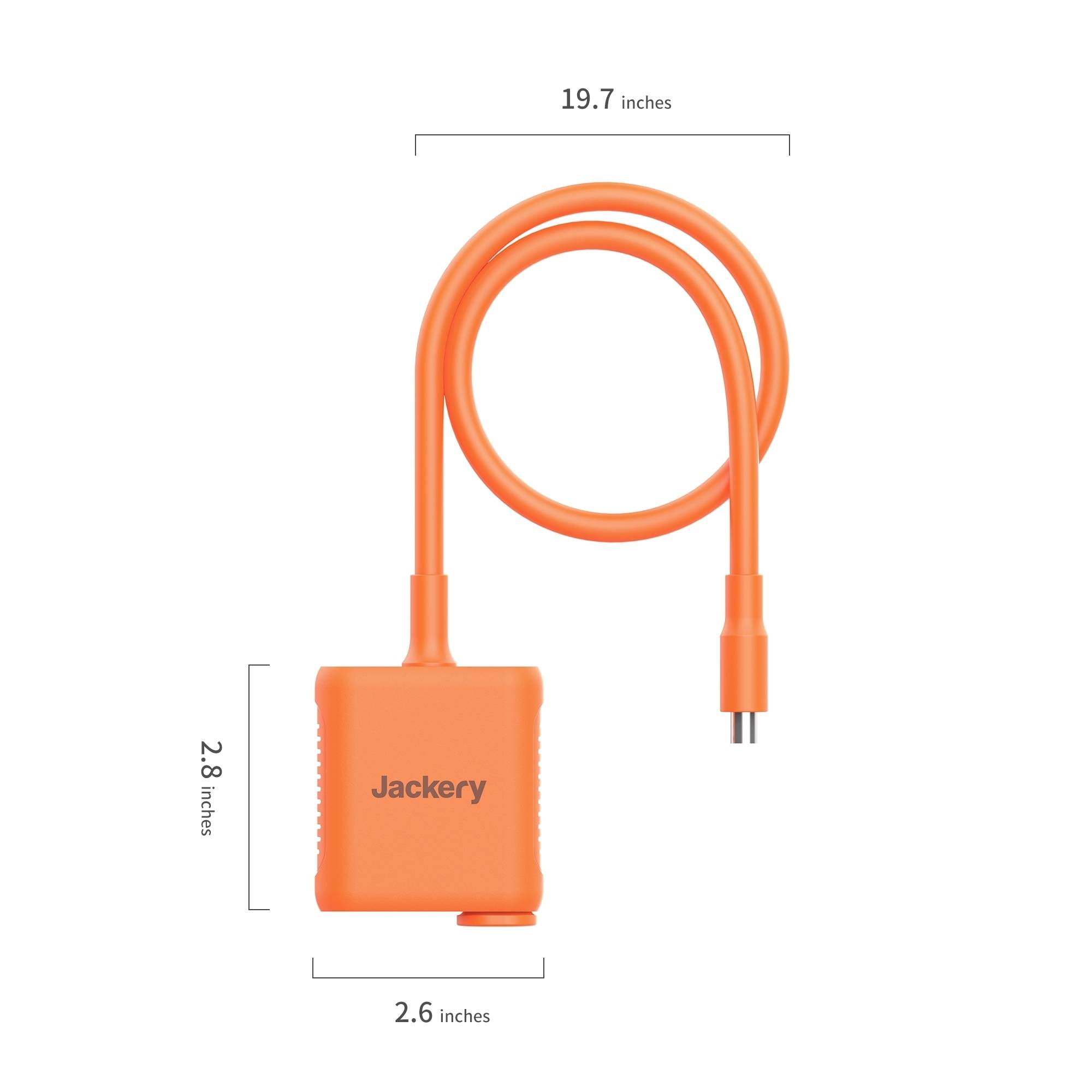 Oranžový nabíjací kábel od Jackery s rozmermi: 2,8 x 2,6 palca pre zástrčku, dĺžka kábla neuvedená.