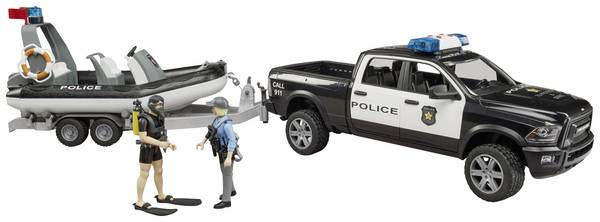 BRUDER RAM 2500 policajný pickup, L+S, príves, čln