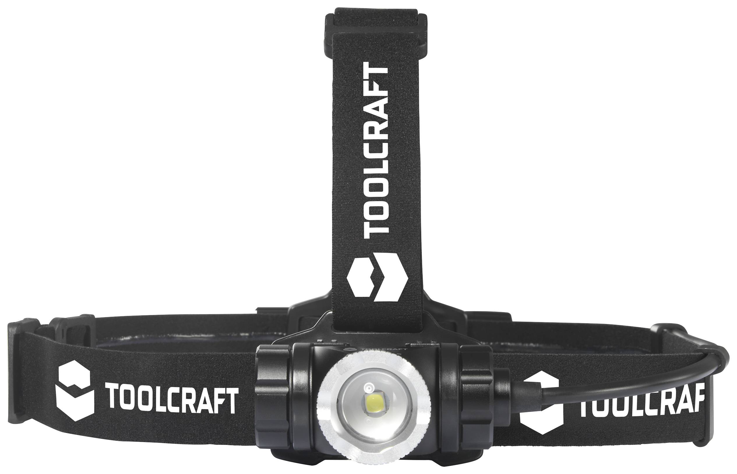 Čelovka Toolcraft s nastaviteľným čelenkovým pásom, výkonnou LED svetlom v strede, vhodná na prácu bez použitia rúk a outdoorové aktivity.