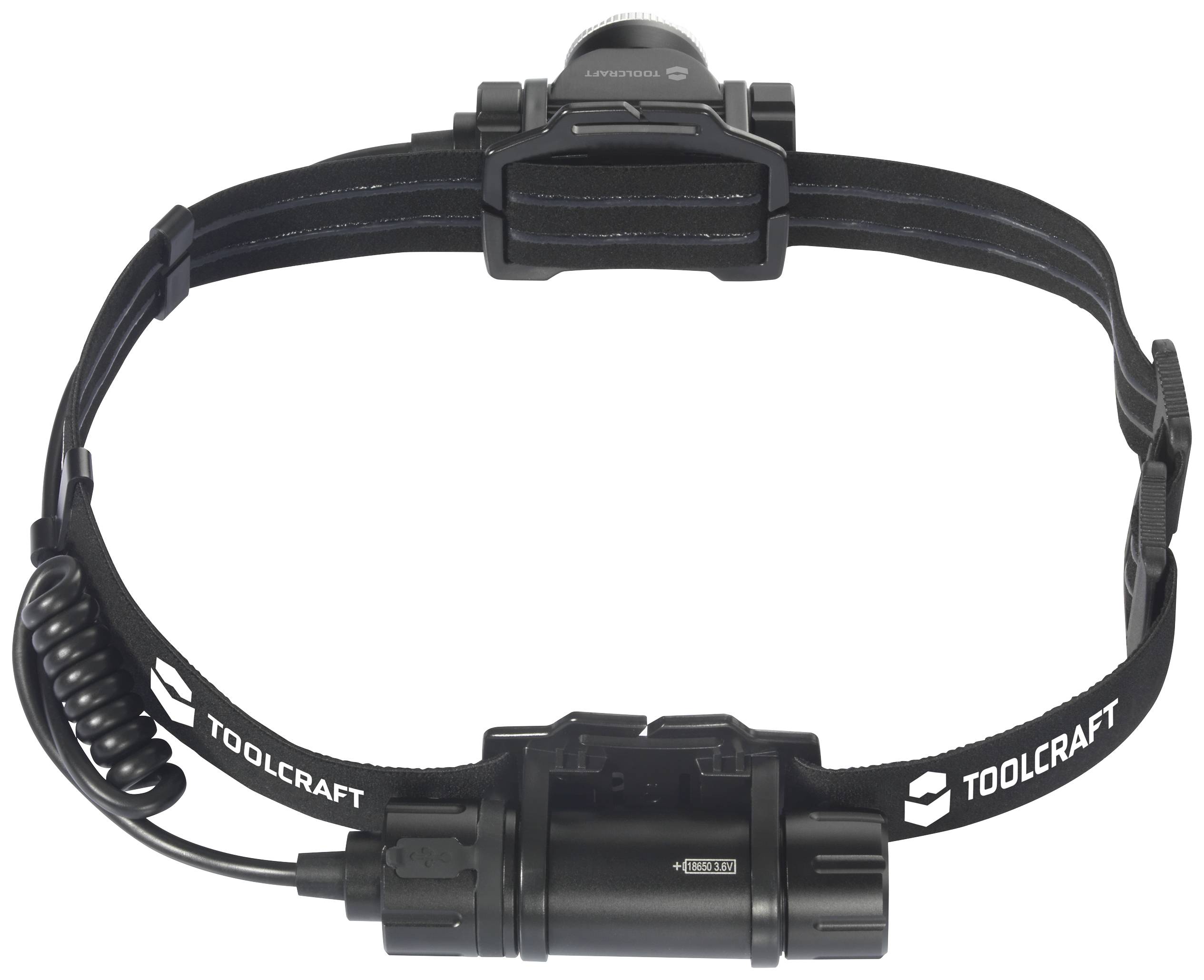 Čierna LED čelovka s nastaviteľným hlavovým pásom, vhodná pre outdoorové aktivity, s logom Toolcraft na boku.