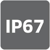 Symbol „IP67" ukazuje stupeň ochrany proti prachu a vode, vhodný pre zariadenia odolné voči prachu a chránené pred dočasným ponorením.