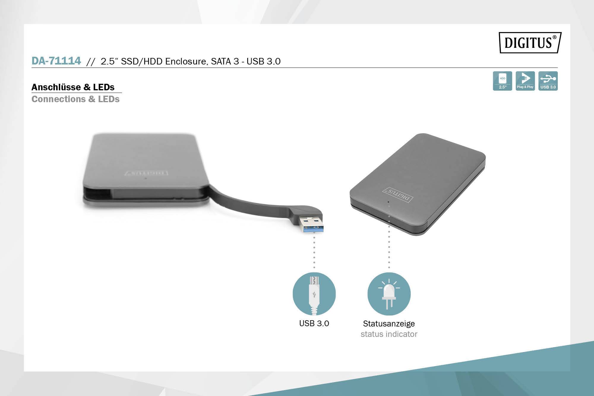 Externý pevný disk s USB 3.0 káblom a indikátorom stavu. Text: 'Konektory a LED diódy'.