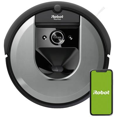 Robotický vysávač s mobilnou aplikáciou na ovládanie, zobrazujúci veľké tlačidlo 'Clean' a názov značky na displeji smartfónu.