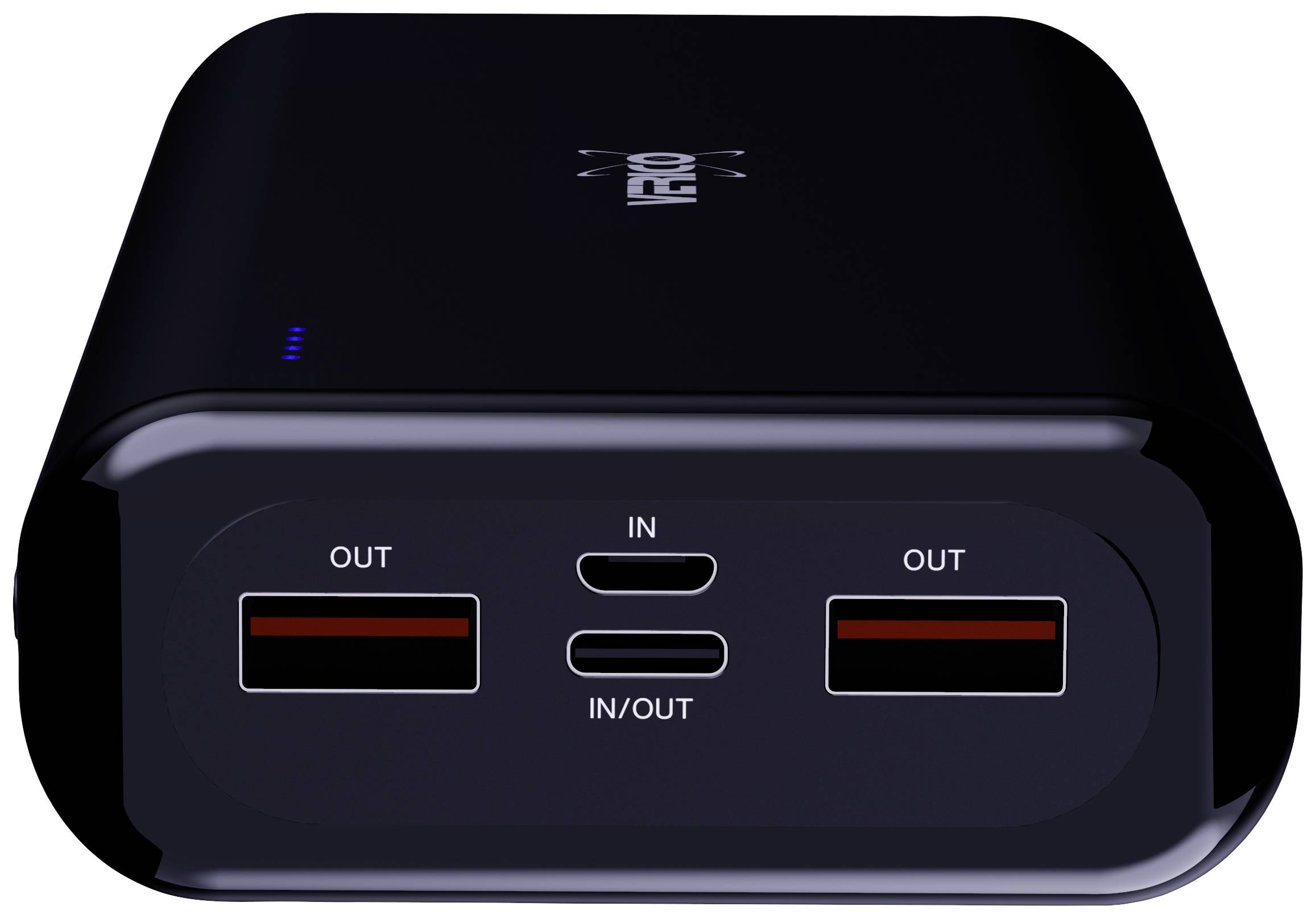 Čierna powerbanka s dvoma USB výstupmi a USB-C portom v strede. Všetky konektory sú jasne označené.