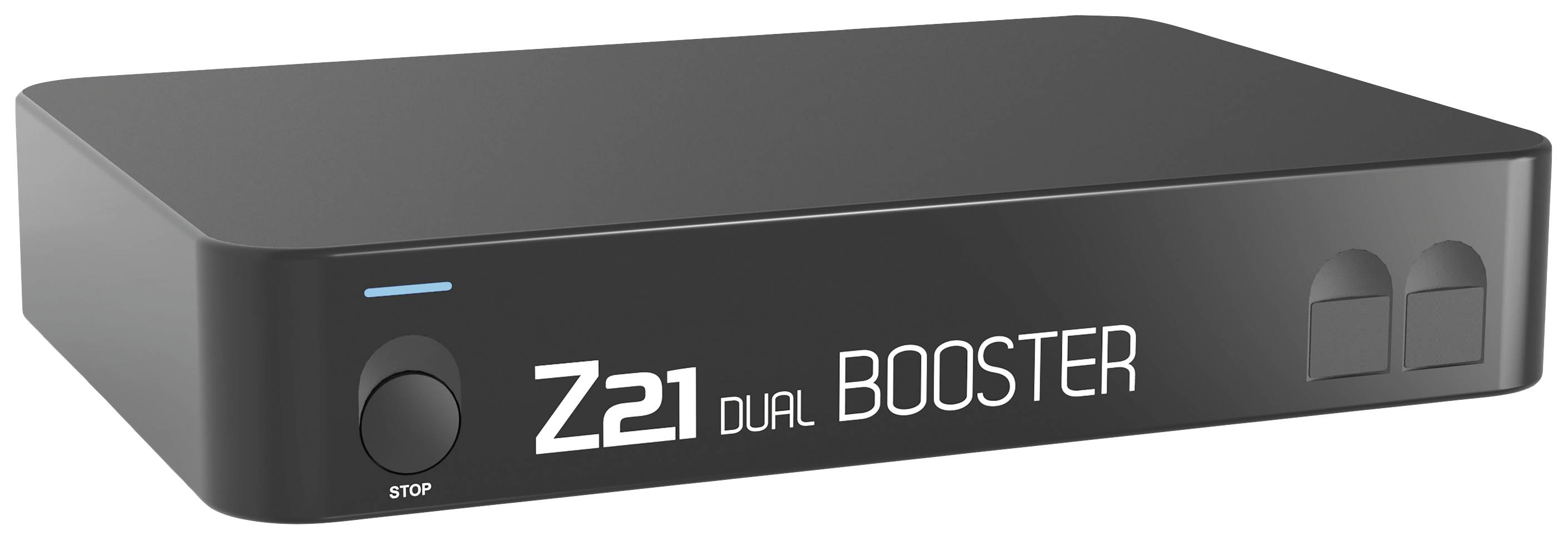 Čierne elektronické zariadenie s nápisom 'Z21 DUAL BOOSTER' na prednej strane. Primárne používané na zosilnenie signálov.