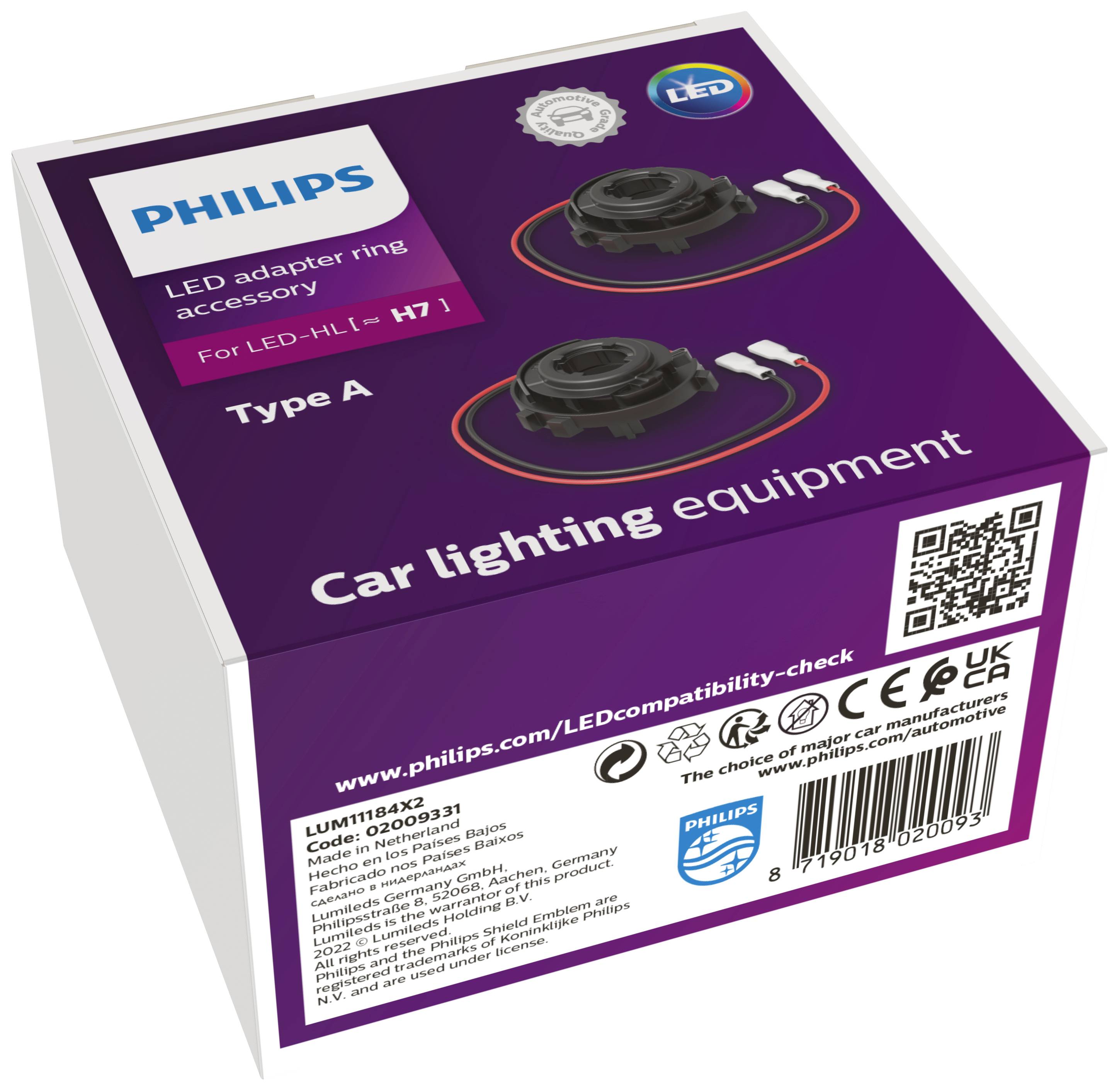 Balenie spoločnosti Philips s LED adaptérovým krúžkom pre automobilovú svetelnú techniku, typ A, pre LED svetlomety H7. Obsahuje QR kód a odkaz na webovú stránku.