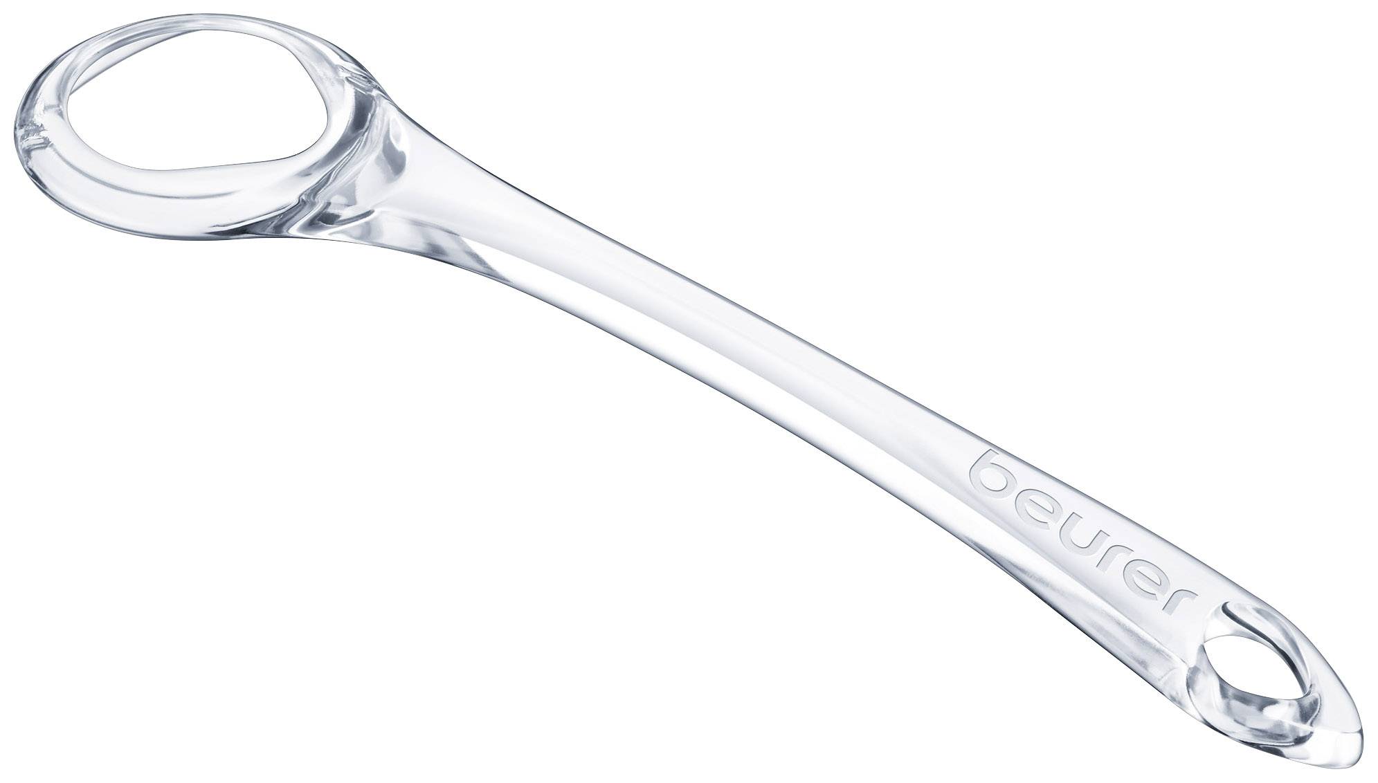 Priehľadný obúvač s dlhou rukoväťou, na ktorom je napísané 'beurer'.