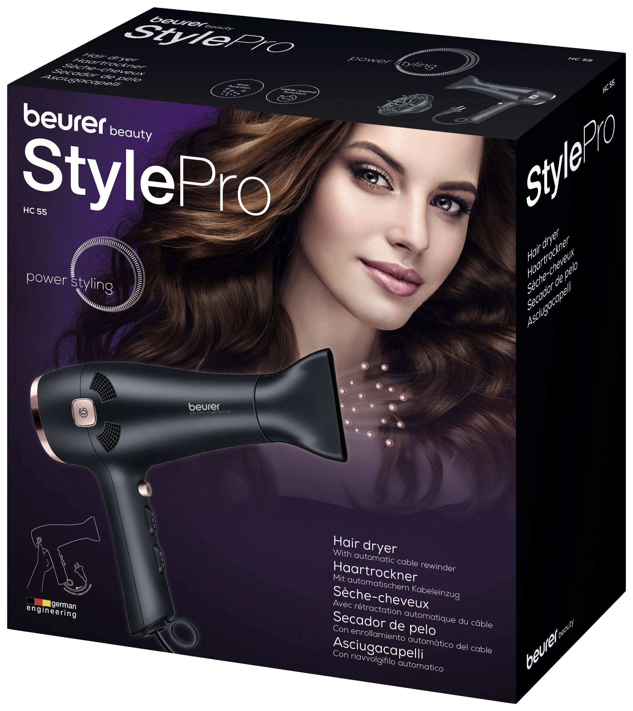 'StylePro' balenie sušiča vlasov s obrázkom ženy s lesklými vlasmi. Funkcie: Iónová technológia, 2200 W.