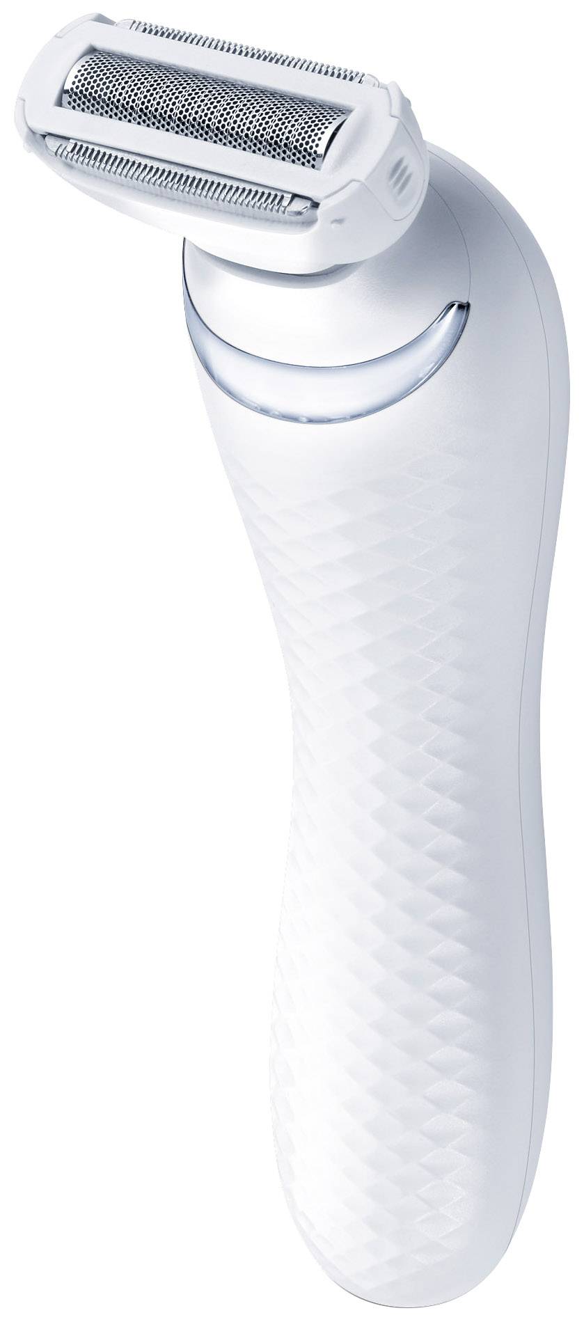 Elektrický holiaci strojček s ergonomickým, bielym dizajnom a výkyvnou hlavou pre jemné a presné holenie.
