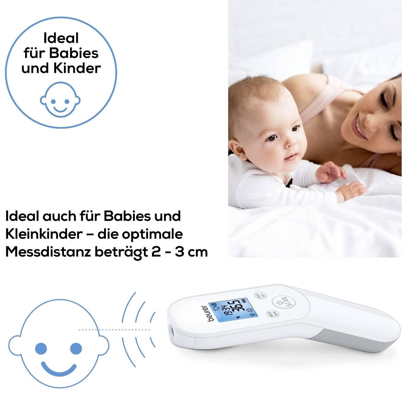 Dieťa s ženou na posteli, vedľa teplomer do ucha s displejom. Text: 'Ideálny pre bábätká a deti', 'optimálna vzdialenosť merania 2-3 cm'.
