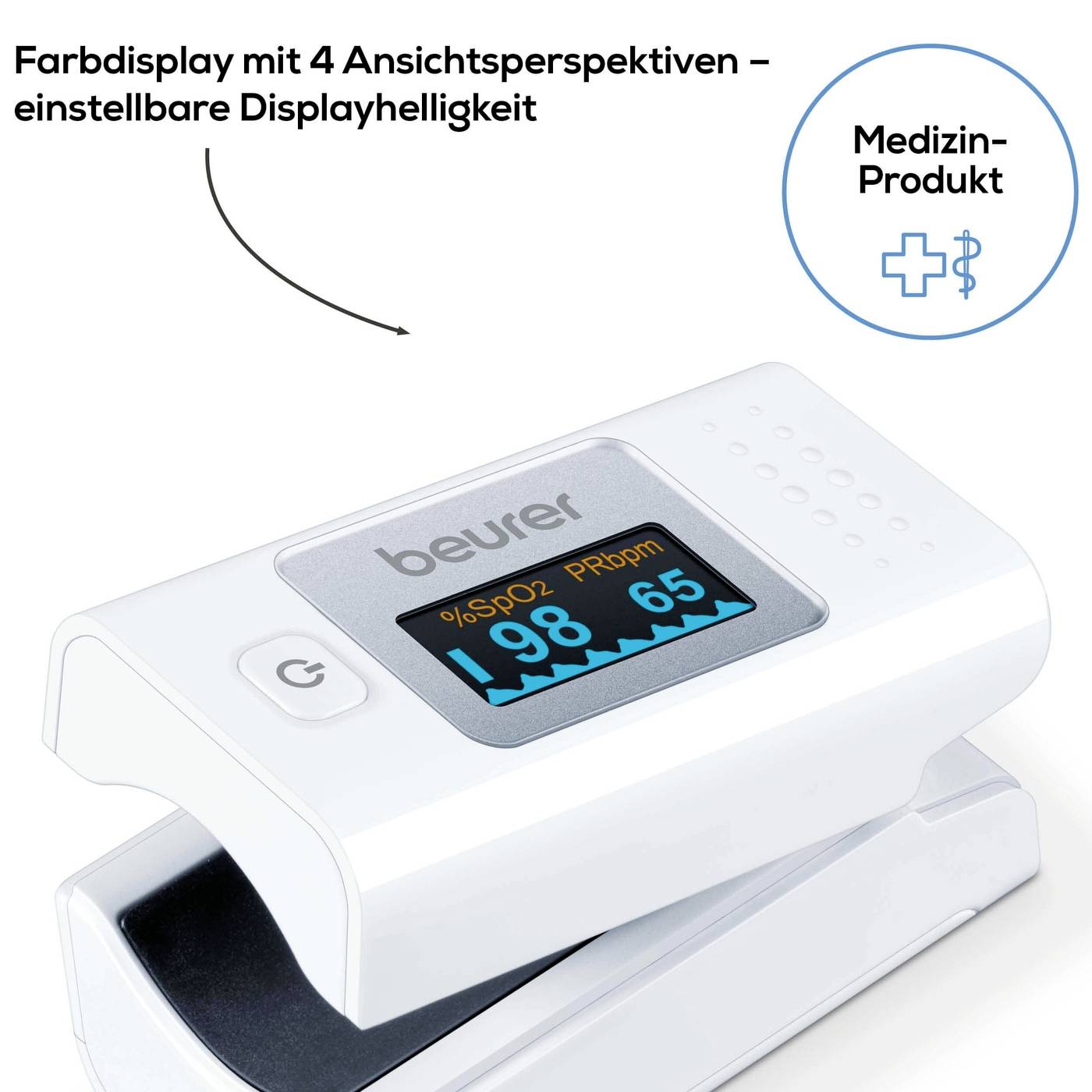Pulzný oximeter od značky Beurer s farebným displejom zobrazuje saturáciu kyslíkom, tepovú frekvenciu a umožňuje nastavenie jasu a perspektívy.