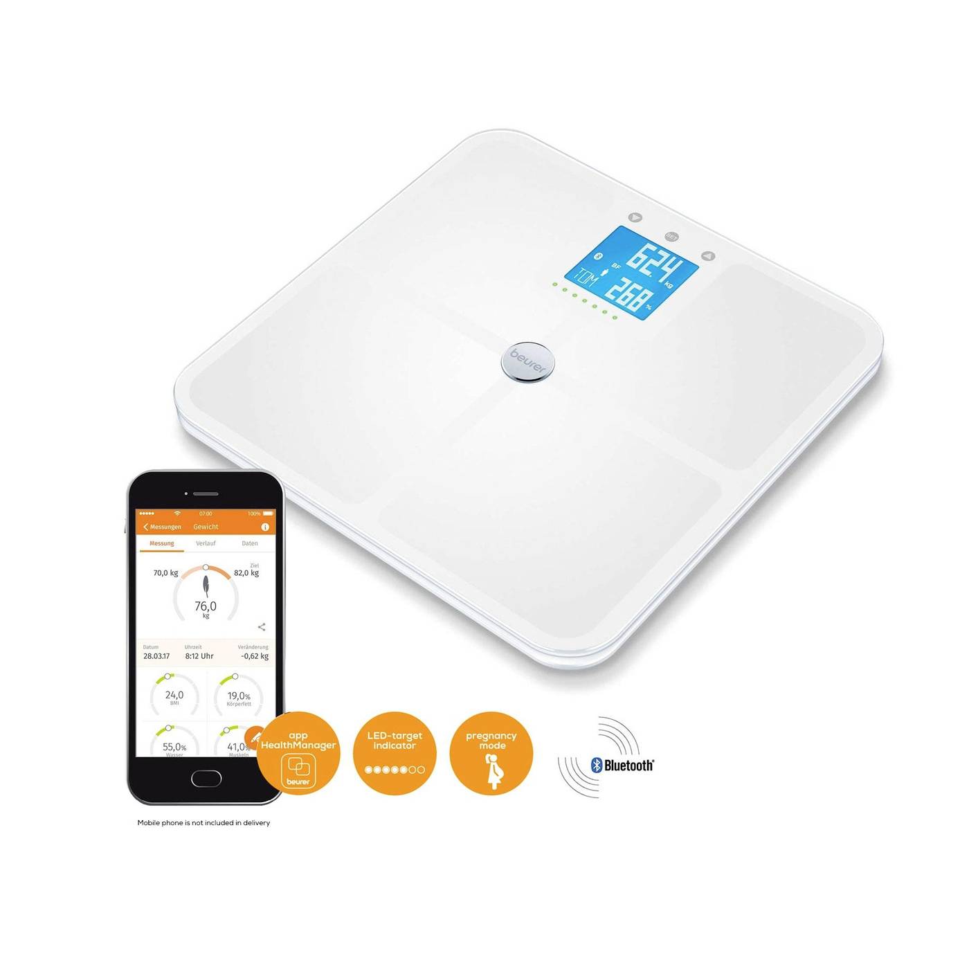 Digitálna telesná váha s modrým displejom zobrazuje '62,4 kg' a '26,8%'. Vedľa nej smartfón s diagramom telesnej hmotnosti a ovládacími symbolmi aplikácie.