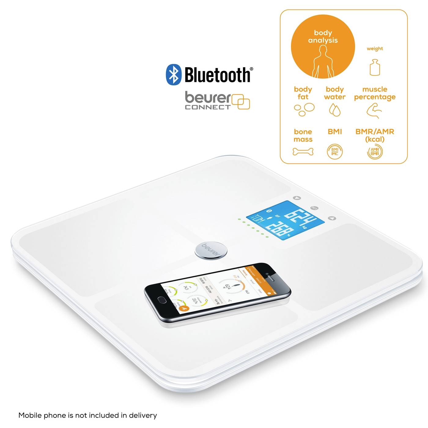Digitálna kúpeľňová váha s displejom pre hmotnosť, BMI, podiel tuku. Pripojiteľná cez Bluetooth. Smartfón nie je súčasťou balenia.