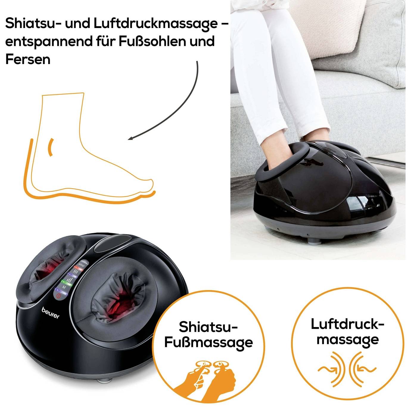 Prístroj na šiatsu masáž chodidiel zobrazuje osobu relaxujúcu pri použití prístroja. Infografika vysvetľuje funkcie: masáž vzduchového tlaku a šiatsu pre chodidlá a päty.