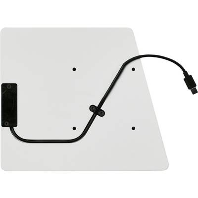 Držiak kábla na pravouhlej doske so zaoblenými rohmi, čierne upevnenia a USB port, na bielom pozadí.