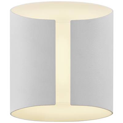 Nástenná lampa valcovitého tvaru; lesklý, biely povrch; vyžaruje teplé svetlo smerom nahor aj nadol.