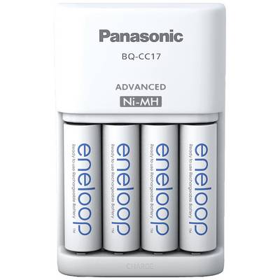 Alkalický nabíjač so štyrmi vloženými bielymi batériami značky Eneloop. Na nabíjačke je nápis 'Panasonic BQ-CC17 Advanced'.