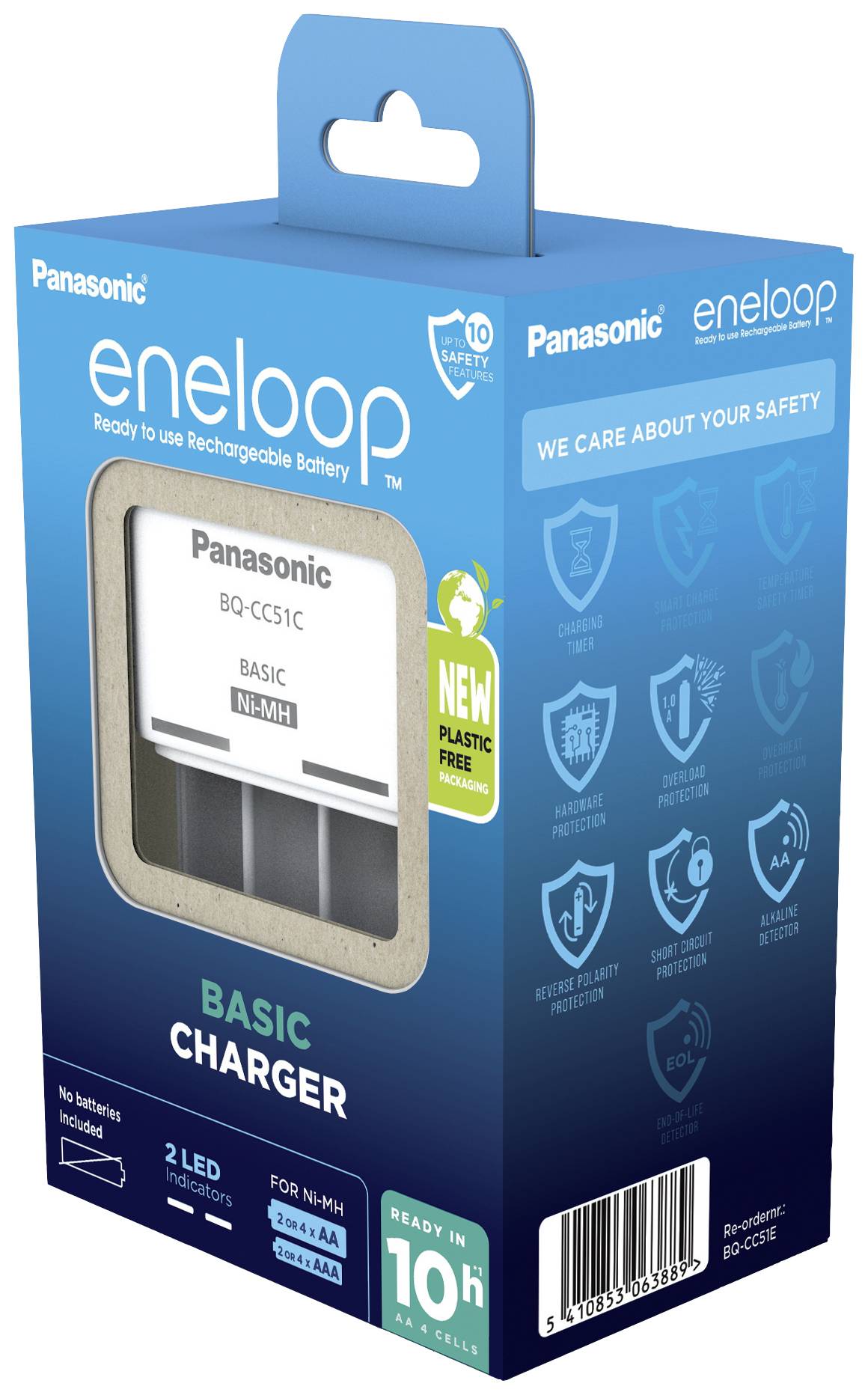 Nabíjačka batérií Panasonic eneloop v modrom, bezplastovom obale. Obsahuje informácie o dobe nabíjania a bezpečnostných charakteristikách.