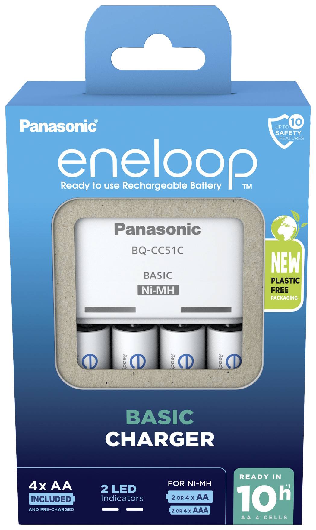 Nabíjačka Panasonic eneloop Basic pre 4 AA akumulátory. Obsahuje 4 nabíjateľné AA batérie. Balenie bez plastov. Doba nabíjania cca 10 hodín.