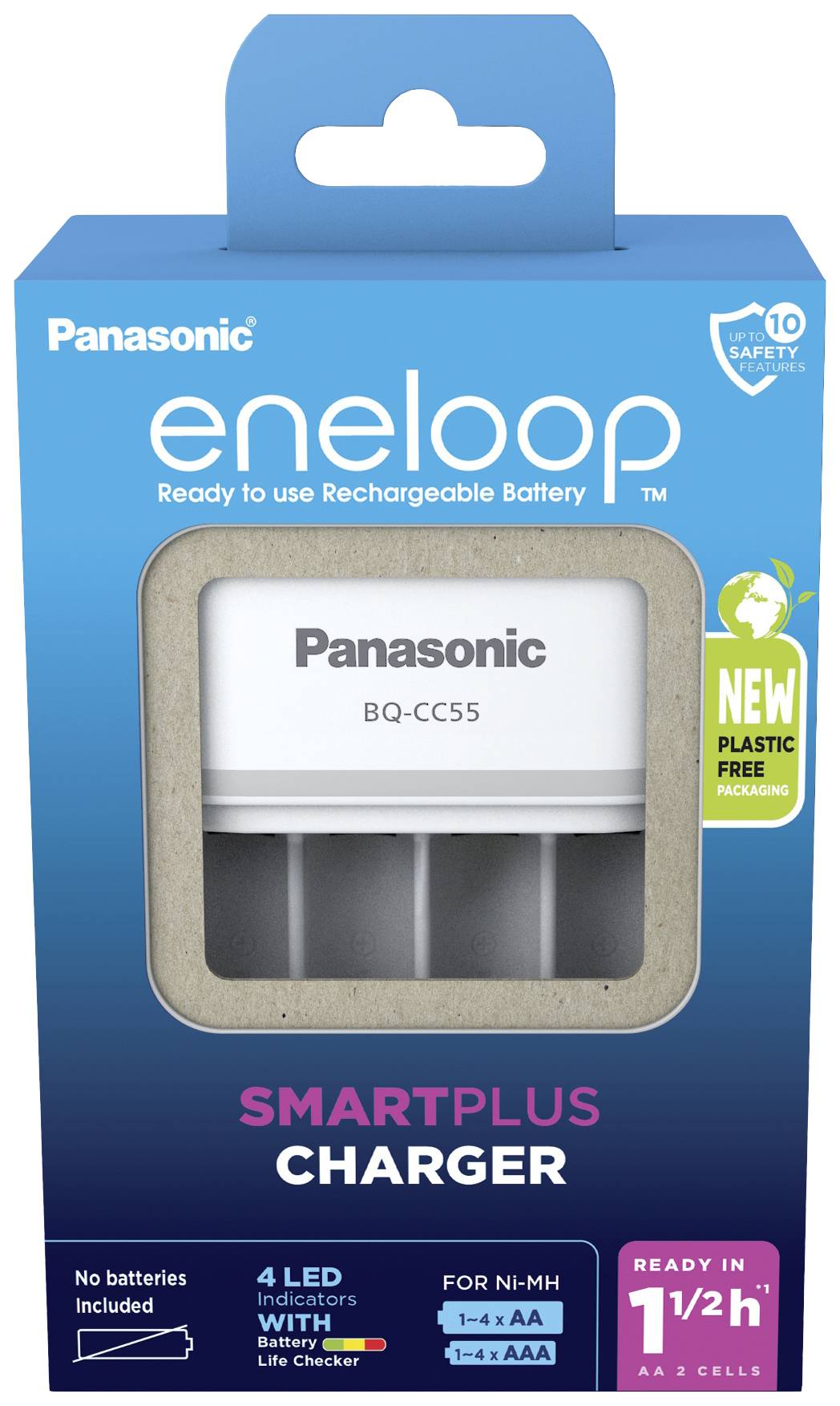 Modrý obal od Panasonicu eneloop zobrazuje nabíjačku na nabíjateľné batérie, model BQ-CC55, bez batérií.