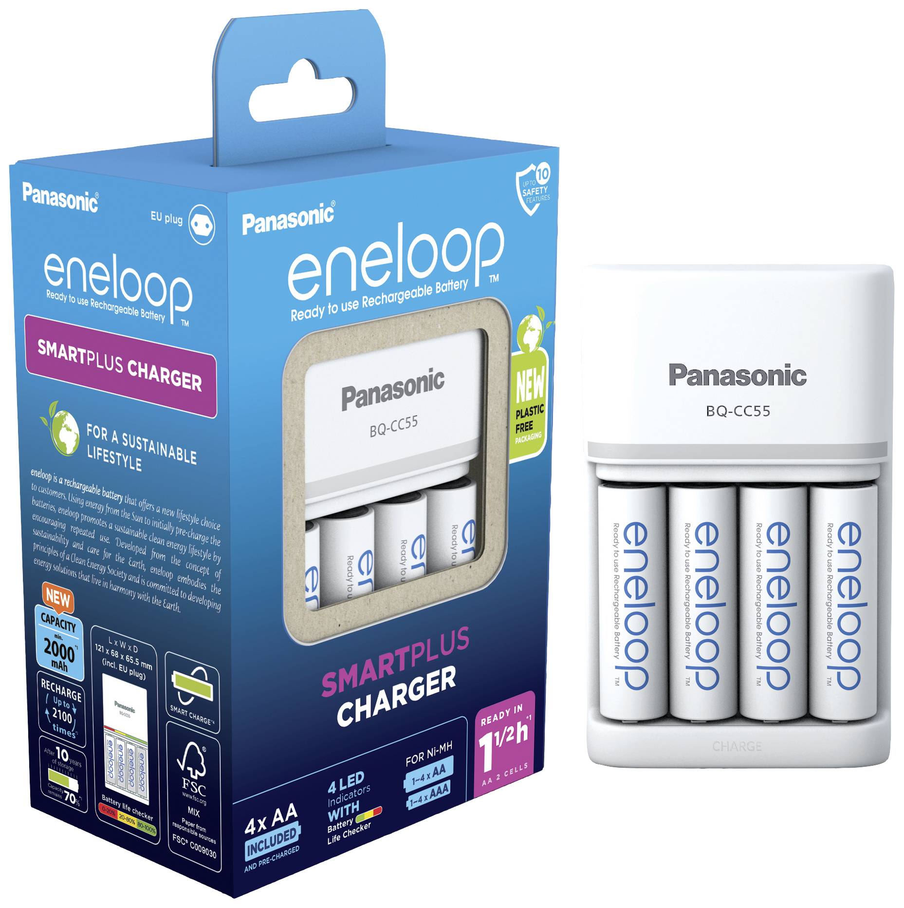 Balenie nabíjačky Panasonic 'eneloop' so štyrmi AA batériami. Text na obale zdôrazňuje udržateľnosť a dlhú životnosť.