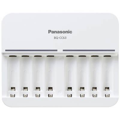 Nabíjačka batérií so 8 slotmi, značka 'Panasonic', model 'BQ-CC63', vhodná pre batérie AA a AAA.