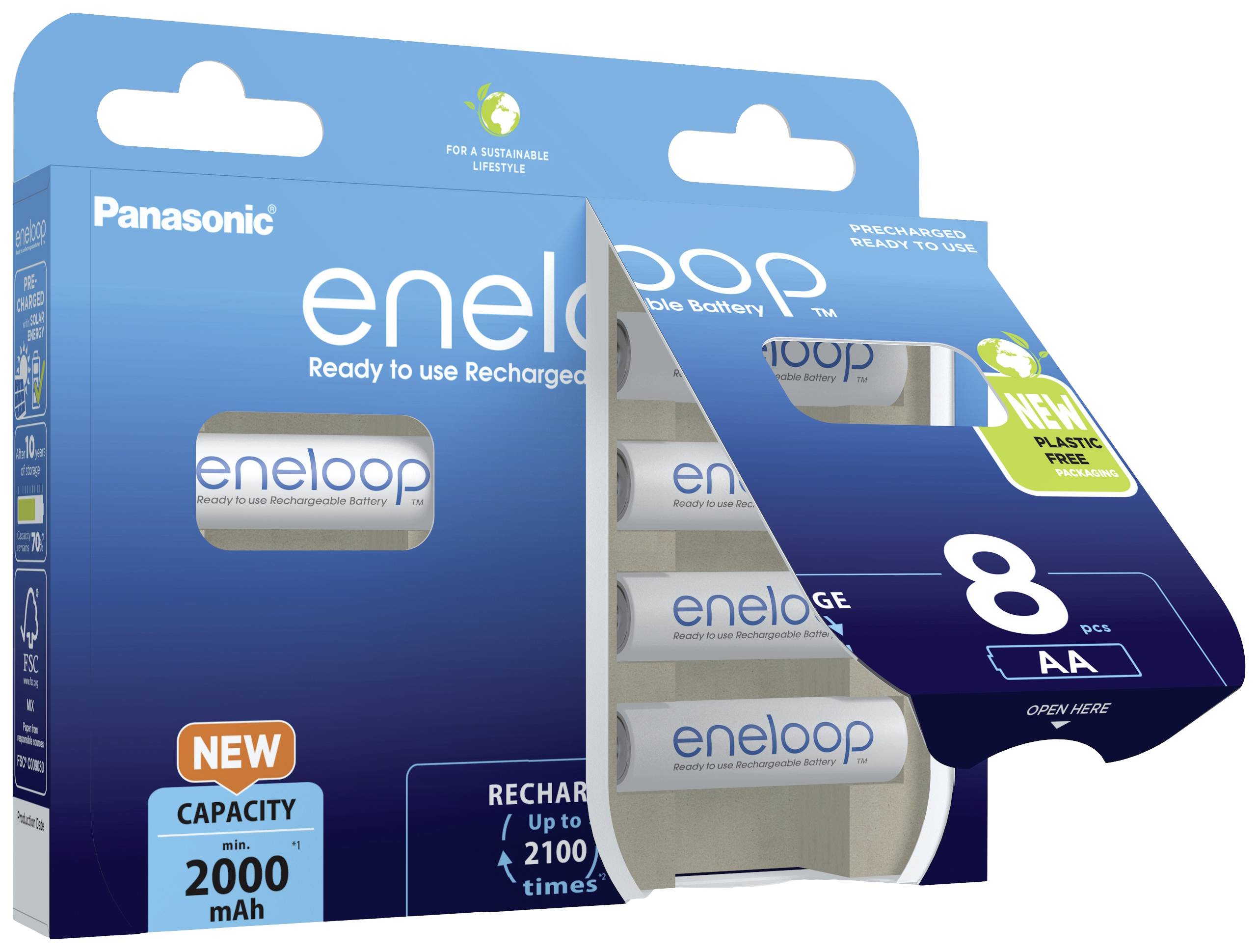 Balenie Panasonic eneloop AA batérií. Obsahuje 8 dobíjateľných batérií s kapacitou 2000 mAh.