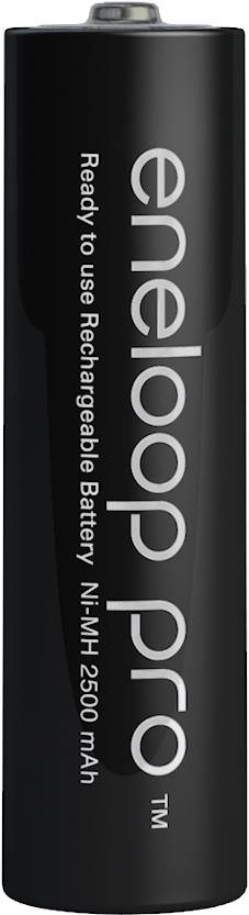 Čierna nabíjateľná batéria AA značky 'eneloop pro' s kapacitou 2500 mAh a technológiou NiMH.