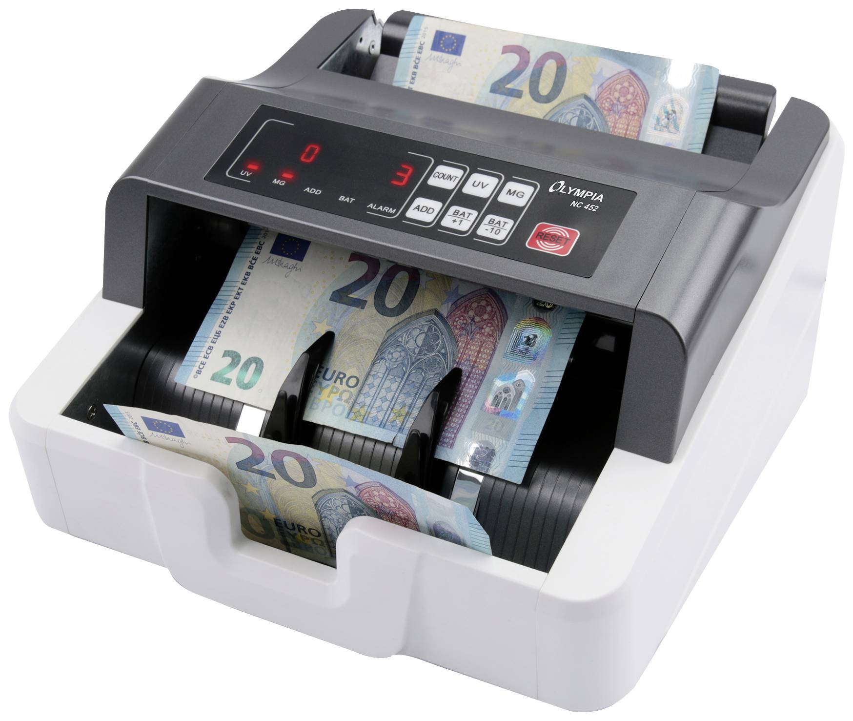 Stroj na počítanie peňazí počíta niekoľko dvadsaťeurových bankoviek. Displej zobrazuje číslo '3' ako indikátor spočítaných bankoviek.